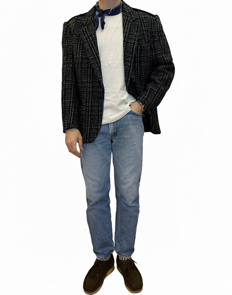 Blazer in lana e cashmere vintage con dettagli in pelle scamosciata taglia 50