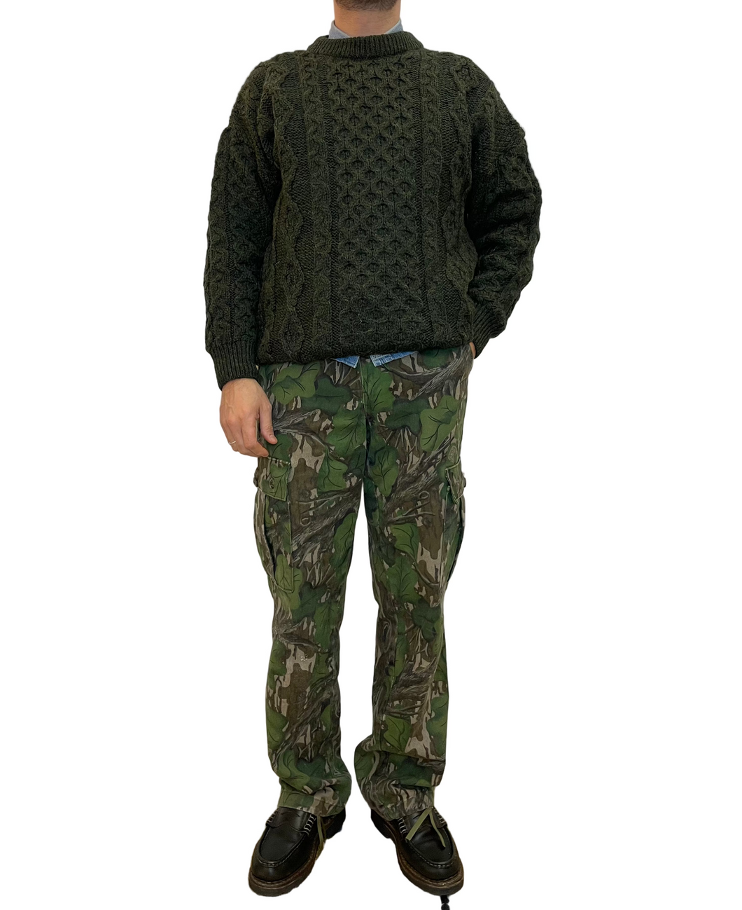 Maglione a trecce in lana verde vintage taglia L