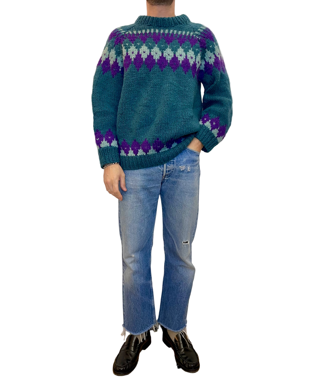 Maglione lana vergine greco verde e viola vintage taglia M